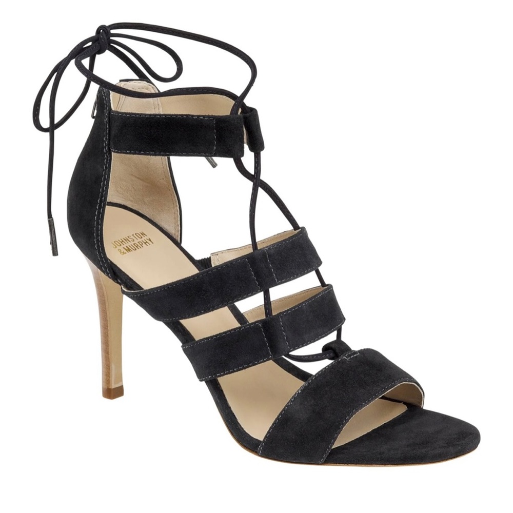 Johnston & Murphy “Natasha” Black Suede Gladiator Stilettos New
